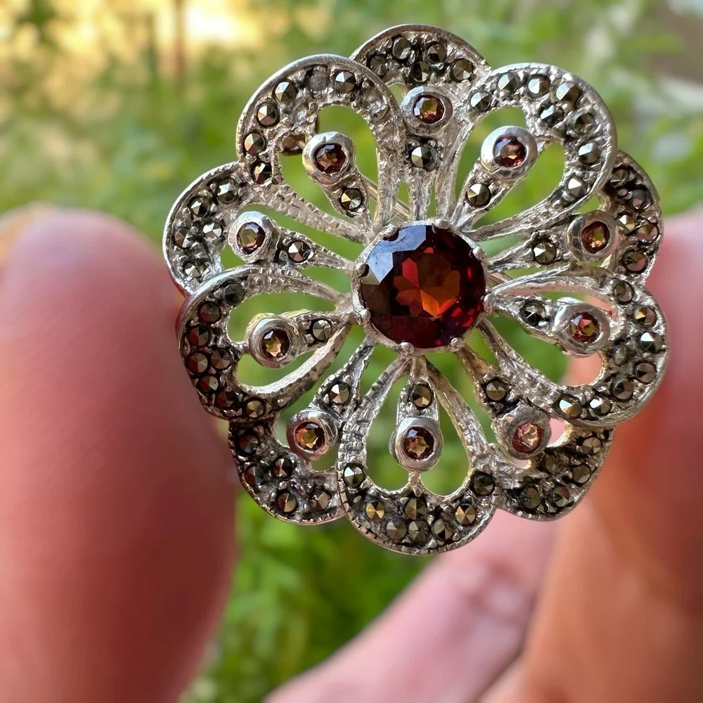 VTG Convertible Brooch Pendant 1.3 Inch Red Garnets Marcasite 925 Sterling 9.3g